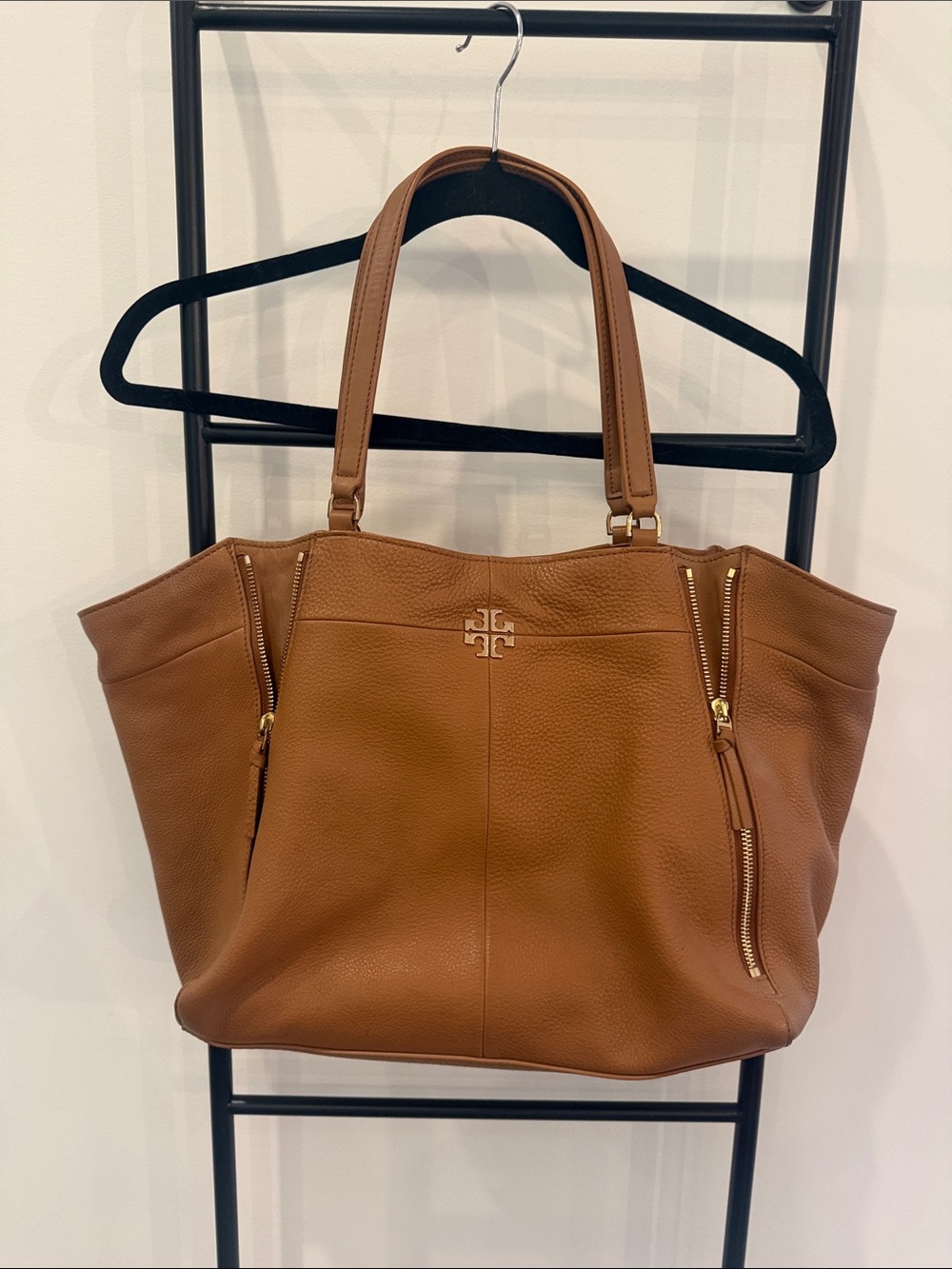 Tory Burch Cognac Pebbled Leather Tote with Gold Logo